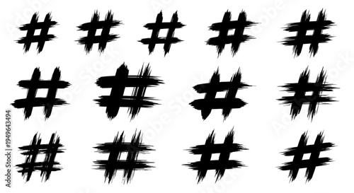Collection of Hashtag Symbols in Black Brush Strokes.