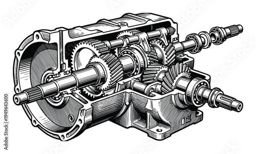 Detailed cross-section of an industrial gearbox with intricate gear system