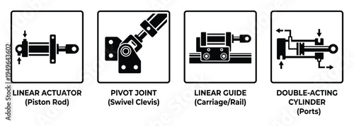 Set of industrial linear actuators and cylinders with pivot joint and carriage guide