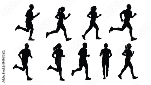 A group of people running in different poses