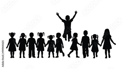 A group of children standing in a line holding hands