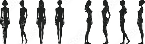 Silhouette illustration of diverse female body shapes, slim and curvy figures comparison, anatomy posture study for fashion design, health, wellness, and body image representation