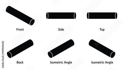 Cylindrical pipe silhouette set with multiple isometric and orthographic views