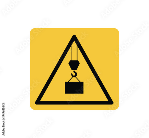 Warning sign for overhead crane lifting heavy load on yellow background