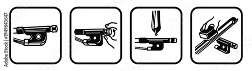 Black icons showing steps for using and maintaining a bow