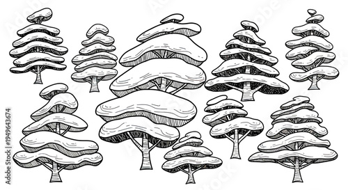 Collection of Stylized Evergreen Trees in a Hand-Drawn Sketch Style.