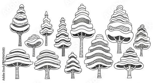 Collection of Stylized Hand-Drawn Trees in Black and White.