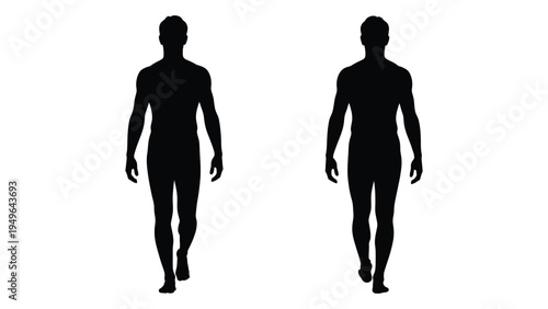 Two men walking in black silhouette