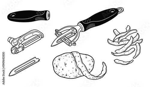 Illustration set of kitchen tools for peeling vegetables, with potato and green beans