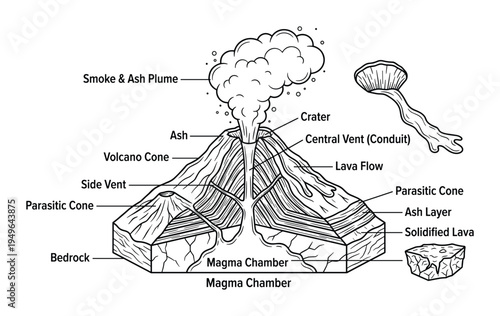 Detailed diagram of volcano cross section with labeled parts