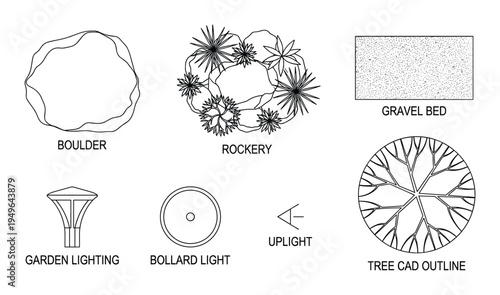Set of landscape CAD outline symbols including boulder, rockery, gravel bed, garden lighting, bollard light, uplight, tree outline