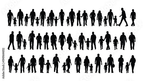 A collection of black silhouettes of people in various poses and outfits