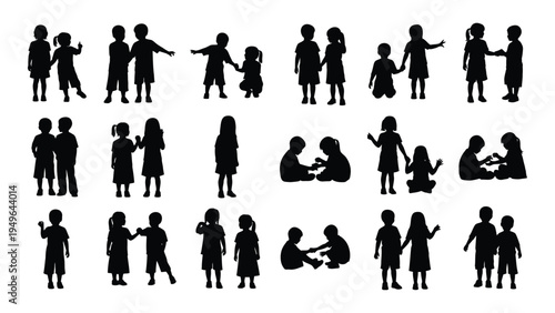 A collection of black silhouettes of people in various poses and interactions