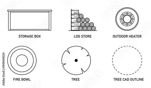 Top view landscape plan drawing with storage box, log store, outdoor heater, fire bowl, tree, and tree cad outline
