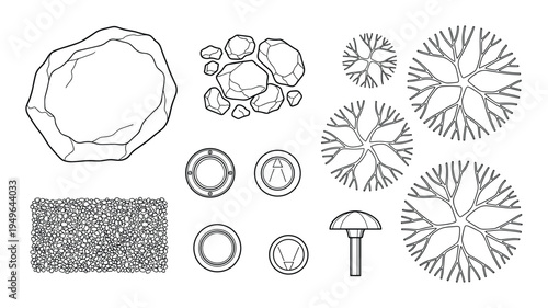 Collection of landscaping symbols and outdoor feature top down drawings
