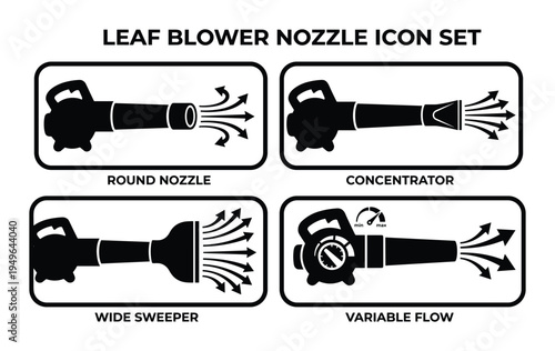 Leaf blower nozzle icon set showing round concentrator wide sweeper and variable flow types