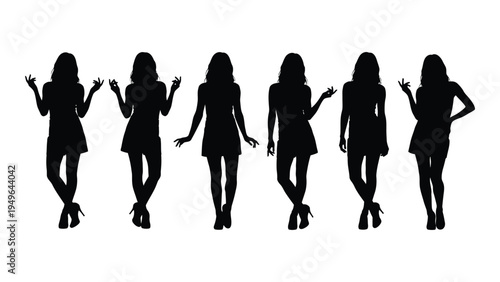 Six women in various poses in silhouette