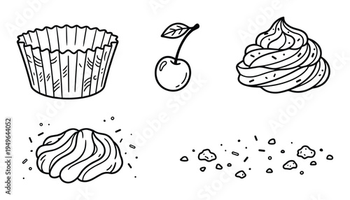 Cupcake decorating kit illustrations featuring liners cherry and frosting swirls