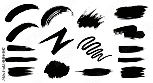 Dynamic collection of black ink brush strokes and artistic paint swatches.