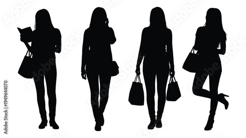 Four female silhouettes in various poses with handbags