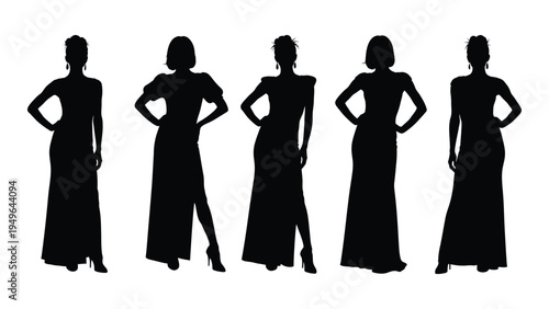 Five women in long dresses standing with hands on hips