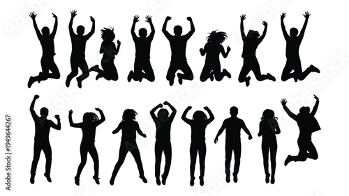 Black silhouettes of people jumping and celebrating