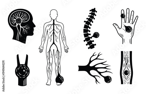 Nervous system and blood vessel pathology icons showing neurological disorders and circulatory issues