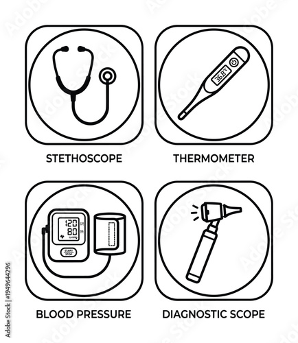 Set of medical diagnostic tools icons stethoscope thermometer blood pressure monitor and otoscope