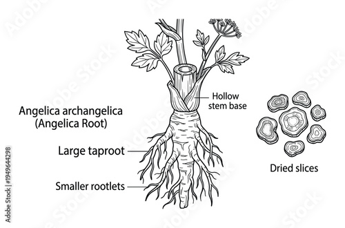 Angelica archangelica botanical illustration showing root structure and dried slices of medicinal plant
