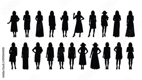 Collection of female silhouettes in various poses and outfits