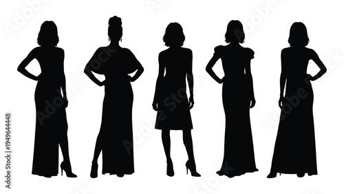 Five women in different poses and dresses