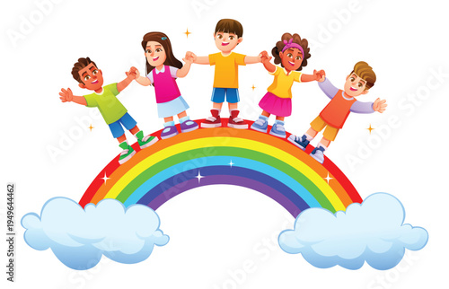 Five happy multiethnic kids holding hands on a vibrant rainbow with sparkling stars. Vector cartoon illustration