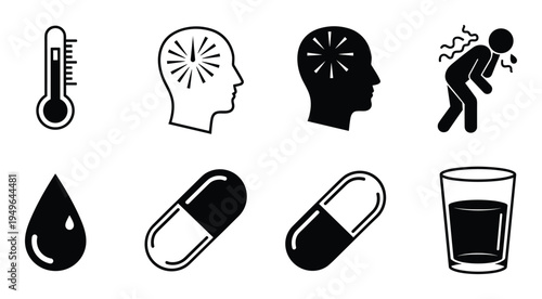 Fever and headache symptoms icons with medication capsules and liquid hydration symbols