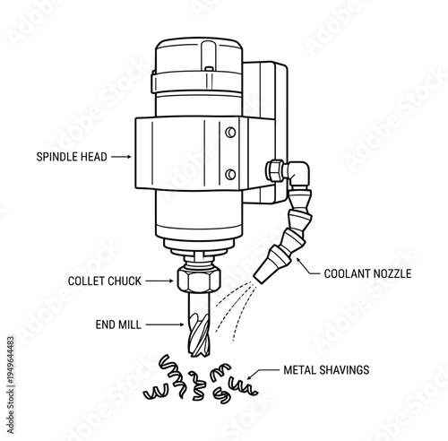 Industrial cnc milling machine spindle head with end mill and coolant nozzle illustration