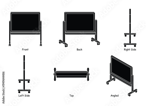 Mobile whiteboard and blackboard stand with different views front back side top angled