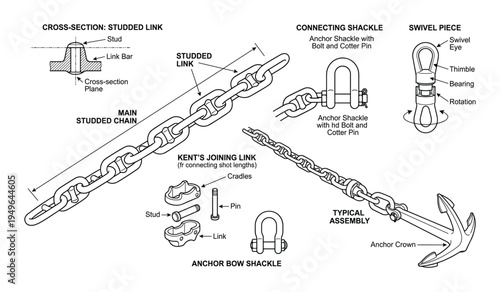 Marine anchor chain assembly and studded link components technical diagram illustration