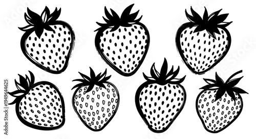Hand drawn black and white strawberries pattern illustration.