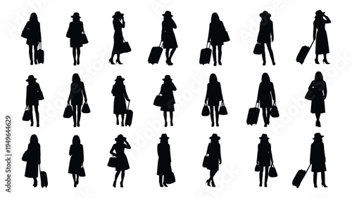 Silhouettes of women in various poses with luggage