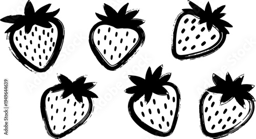 Hand drawn black and white strawberries with brush strokes.