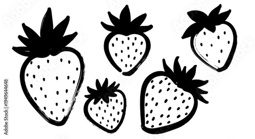 Hand drawn black and white strawberries with distinct outlines and seeds.