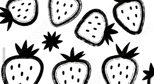 Hand drawn black and white strawberries pattern with leaves and seeds.