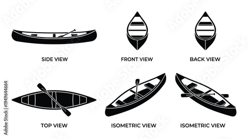 Black canoe boat silhouettes from different angles and views
