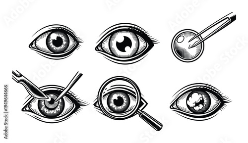 Human eye surgery and examination medical illustration collection with tools