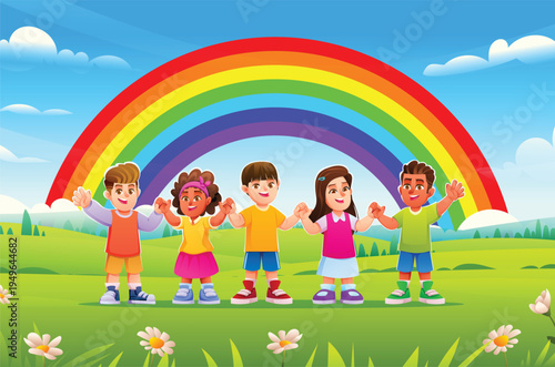 Cheerful multiethnic children standing together in a sunny flower field under a rainbow. Vector cartoon illustration