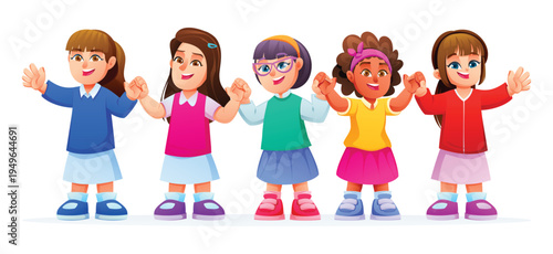 Group of five diverse happy girls holding hands standing together in a row. Vector cartoon character illustration