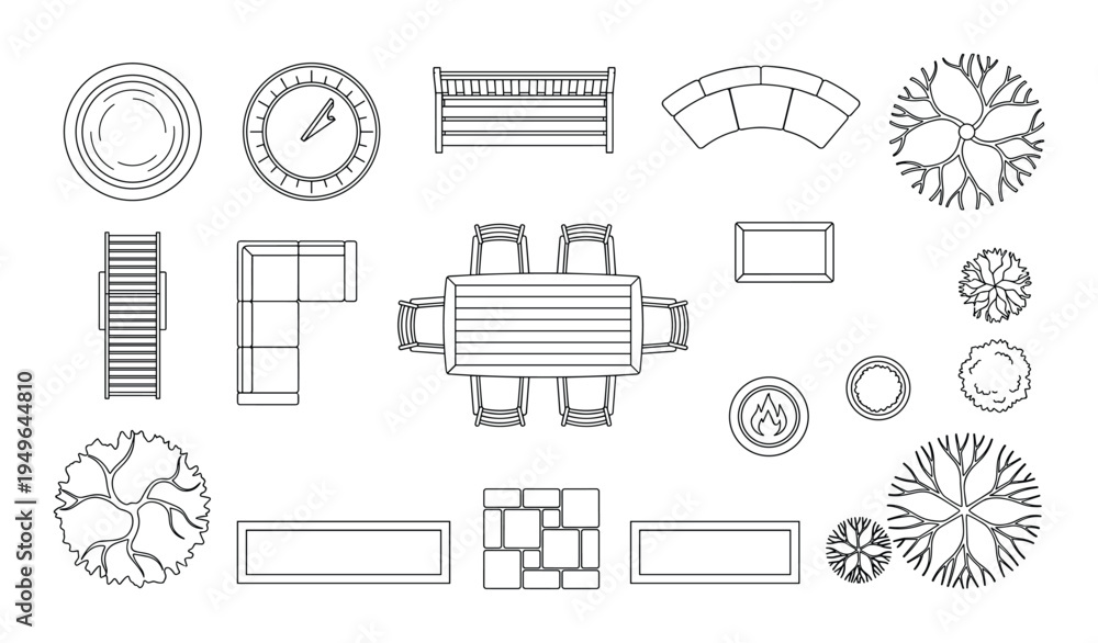 Fototapeta premium Top view outline icons of outdoor furniture seating and plants for landscape design