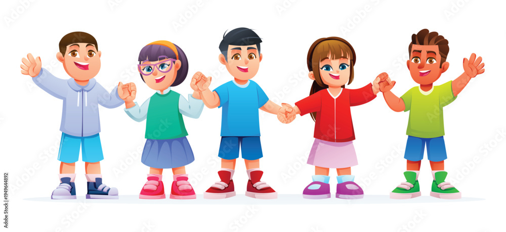 Fototapeta premium Diverse group of happy young boys and girls holding hands standing in a row. Vector cartoon character illustration
