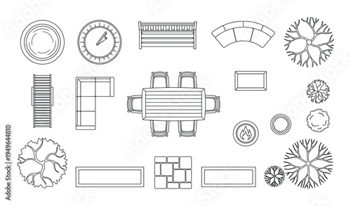 Top view outline icons of outdoor furniture seating and plants for landscape design