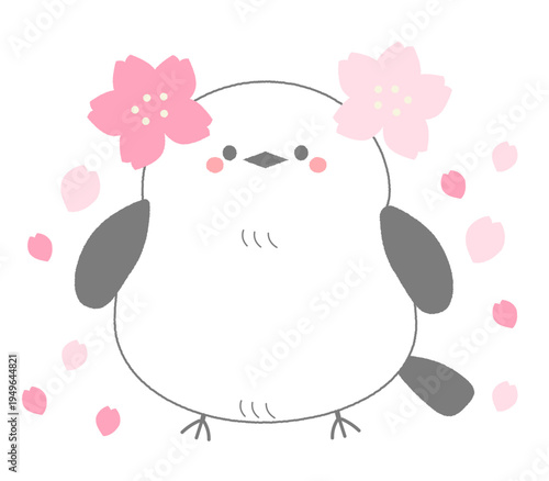 桜を頭につけたシマエナガのかわいい春イラスト 小鳥の季節素材