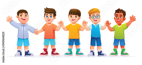 Diverse group of five happy young boys holding hands and waving in a row. Vector cartoon character illustration